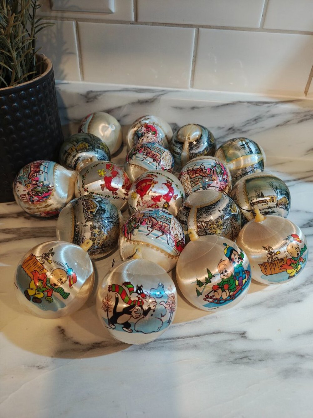 Vintage Christmas Ornaments Set of 18 Retro Satin Shiny Balls 4 are Looney Tunes